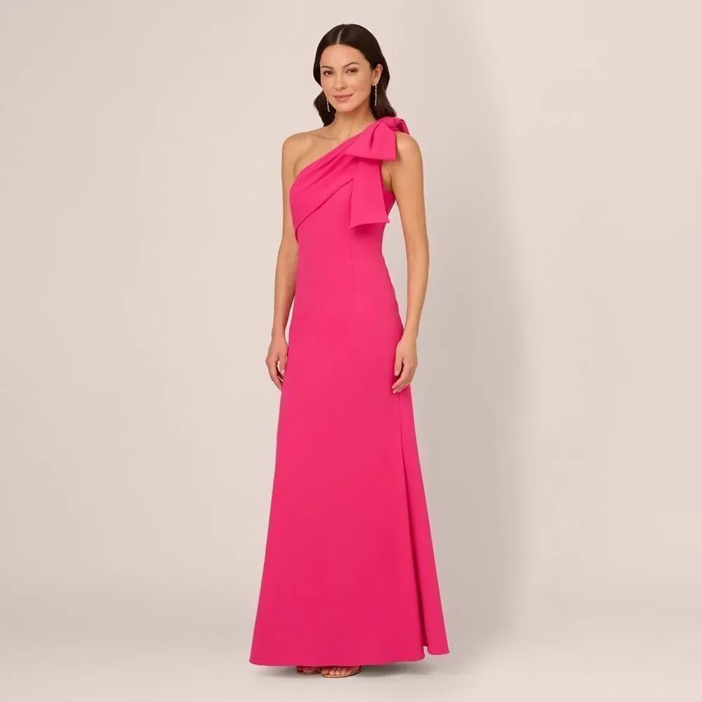 NWT ADRIANNA PAPELL Stretch Crepe One Shoulder Mermaid Gown With Bow Accent In H